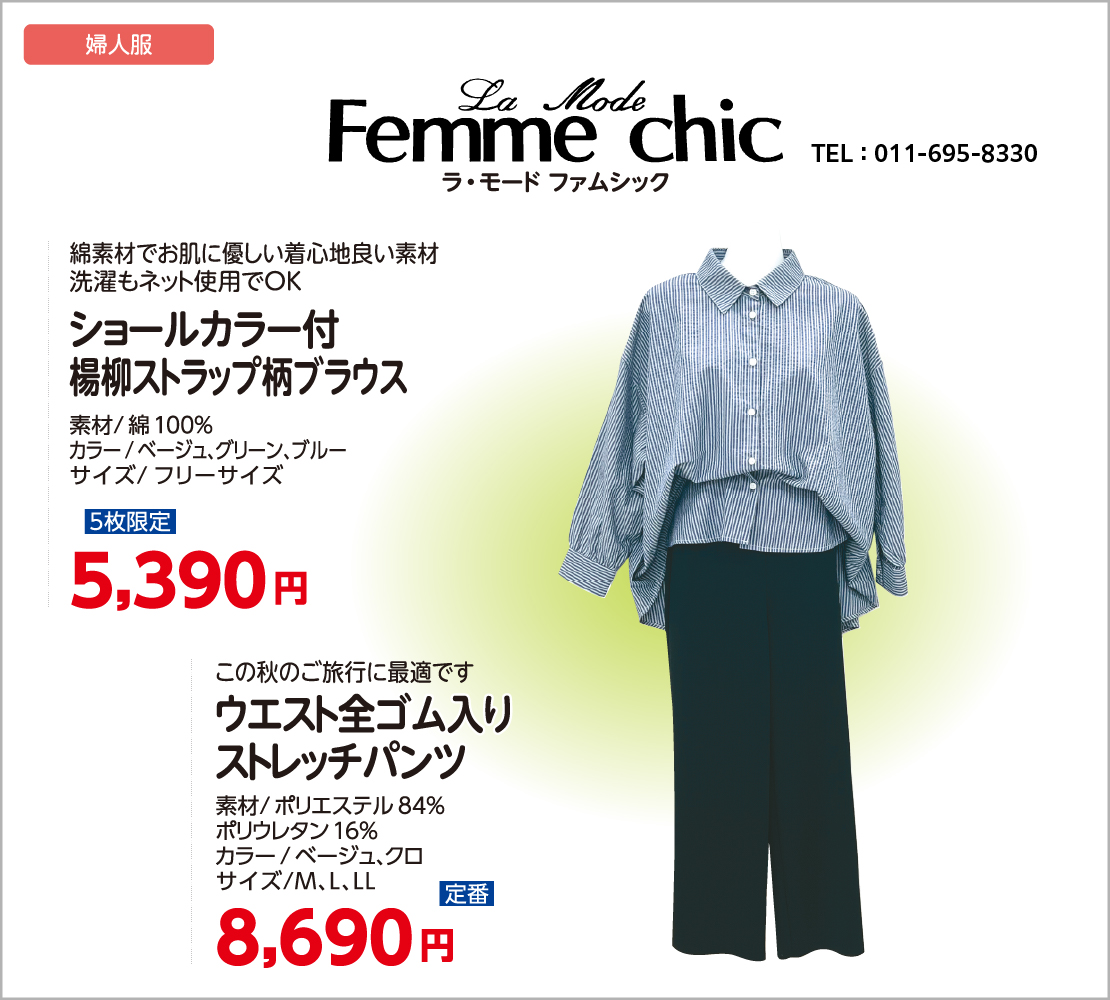 楊柳ストライプ柄ブラウス/ウエスト全ゴム入り! ストレットパンツ(ラ・モード ファムシック)
