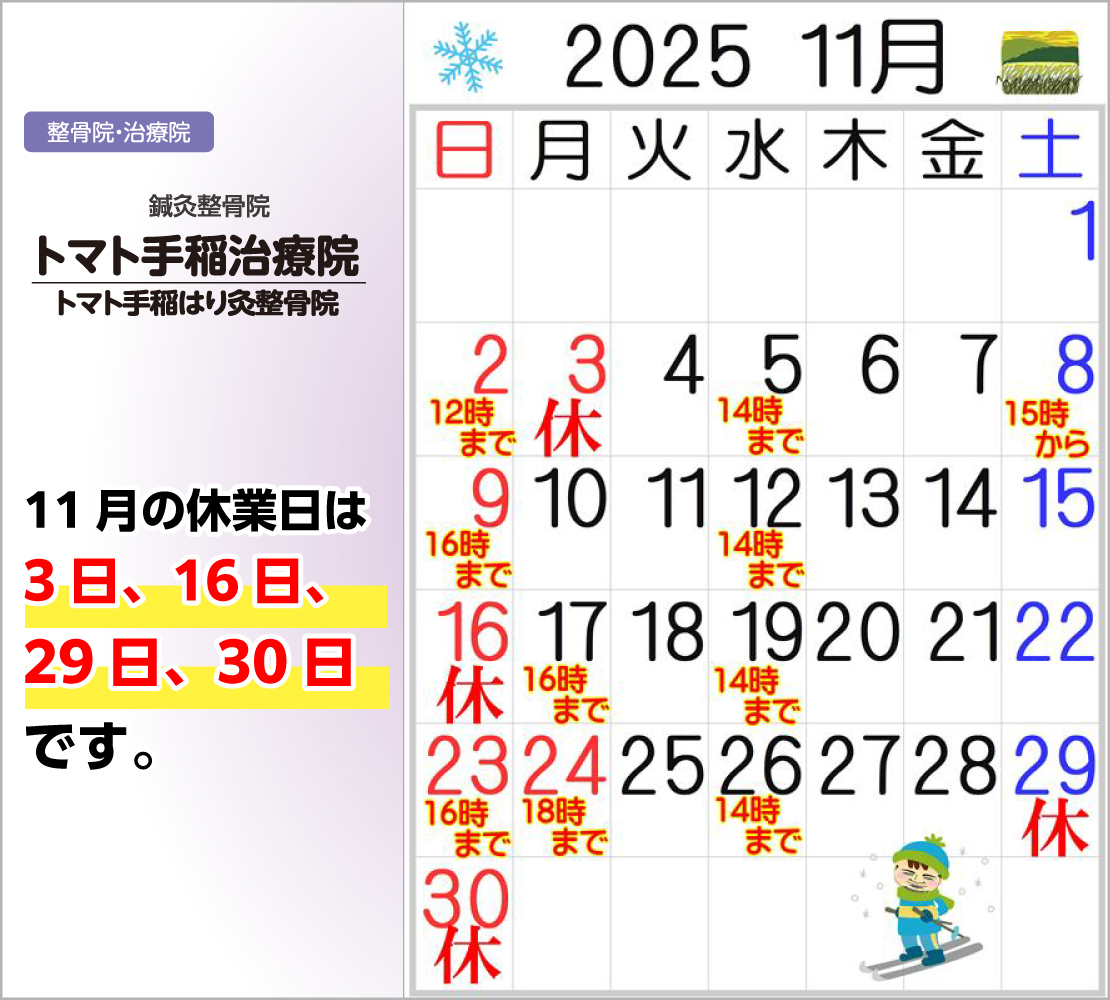 11月の休業日は、3日、16日、29日、30日です(トマト手稲治療院)