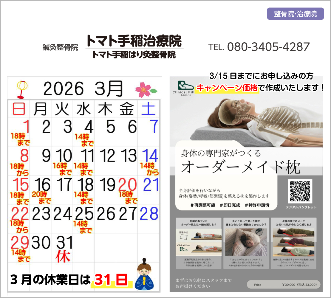 3月の休業日は31日です(トマト手稲治療院)
