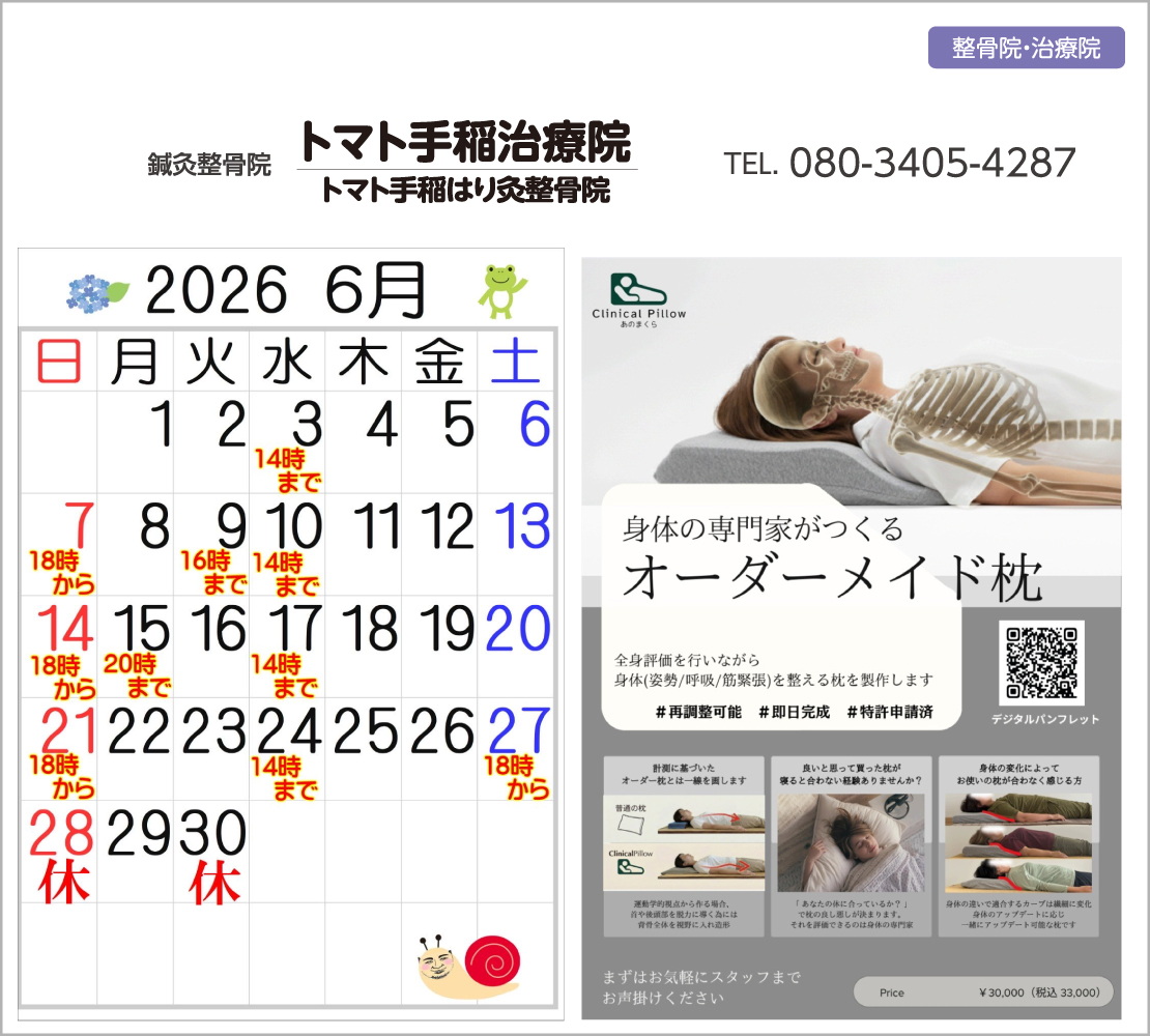 6月の休業日は6、17、31日です(トマト手稲治療院)